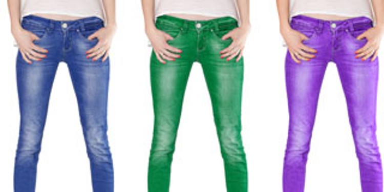 3 jeans in blue, green and purple